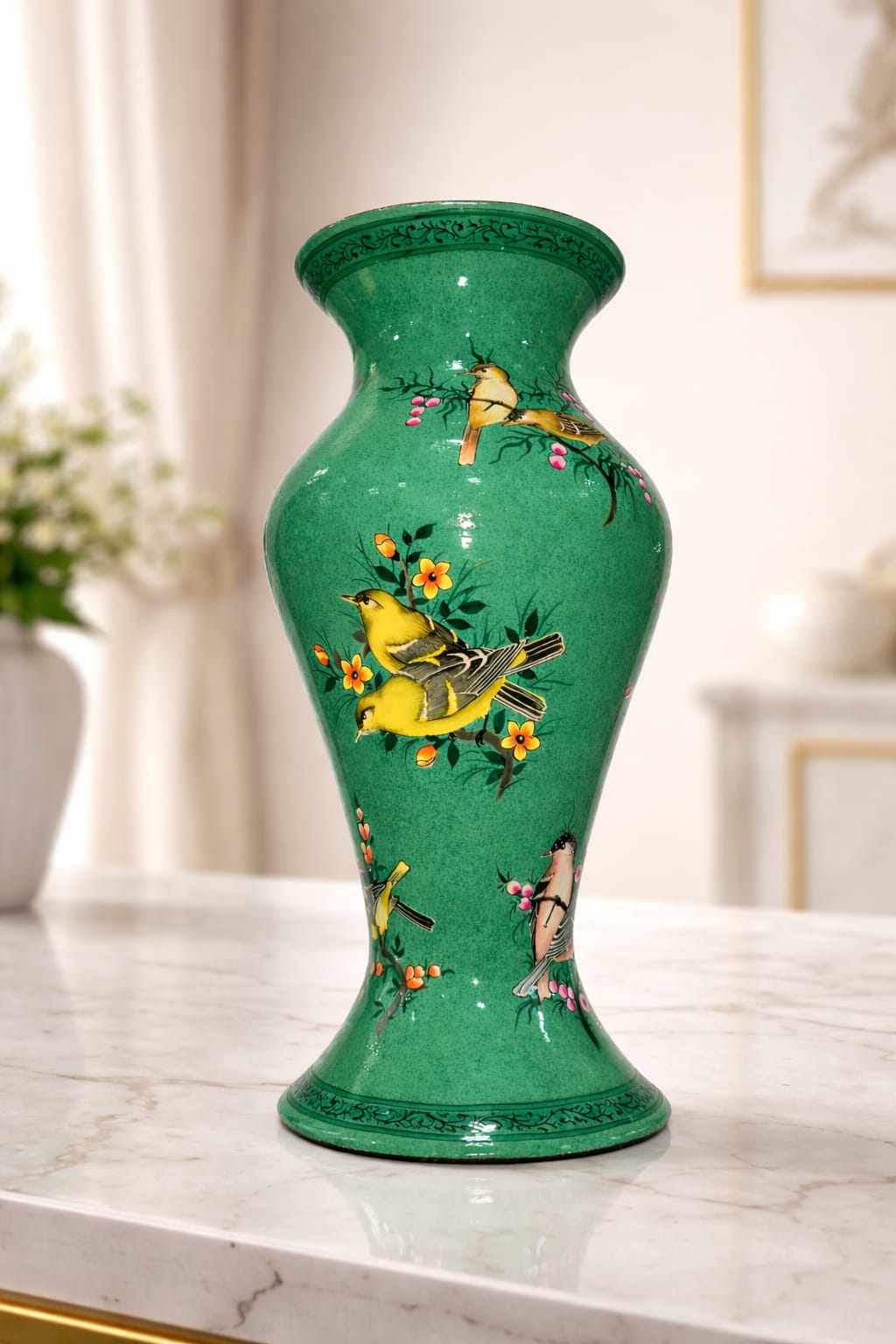 Handmade Kashmiri paper mache flower vase, Hand painted flower vase with birds and floral design